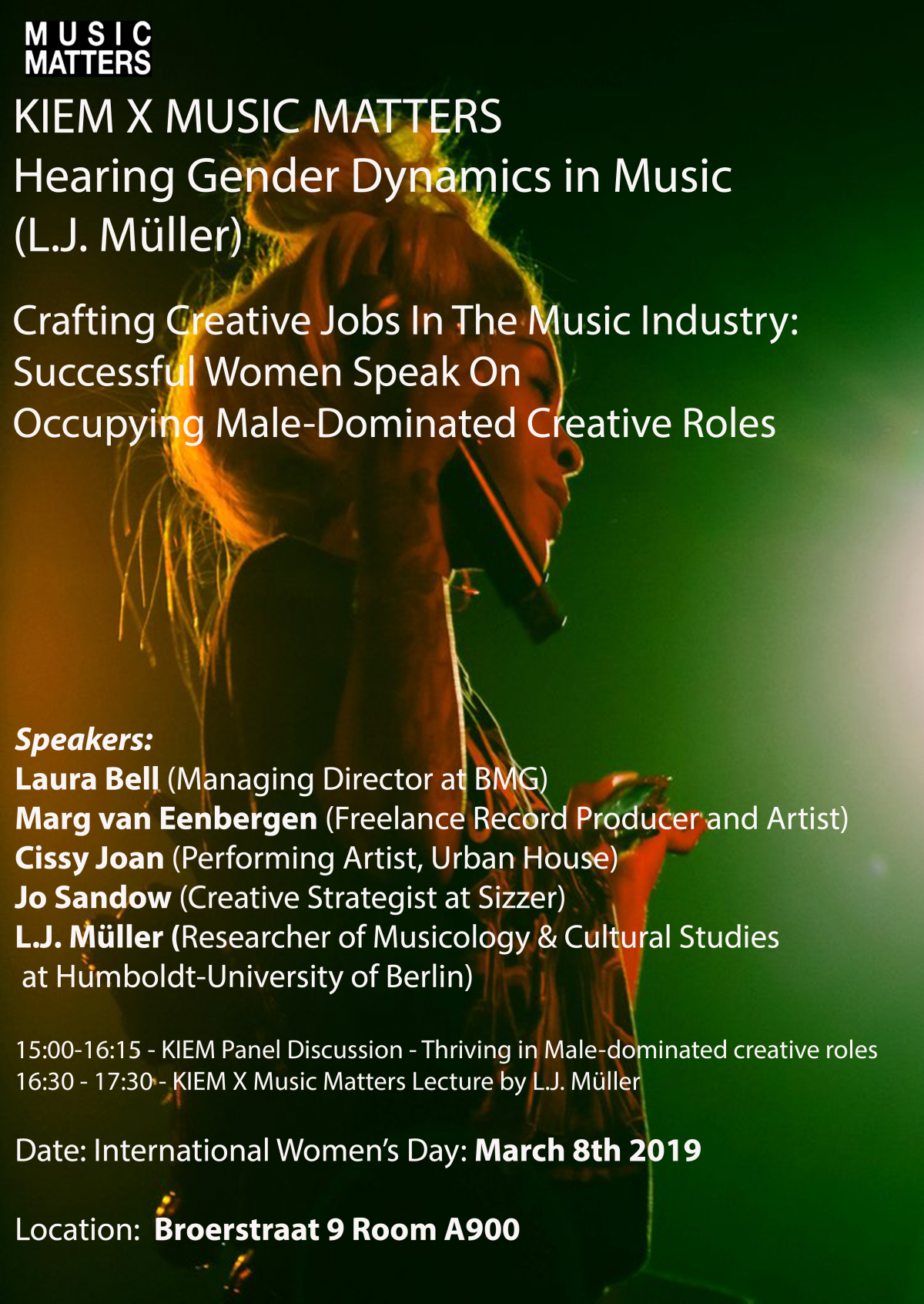 Friday March 8th – In Honor of International Women’s Day – Panel on “Crafting Creative Jobs in the Music Industry” and Lecture “Hearing Gender Dynamics in Music”